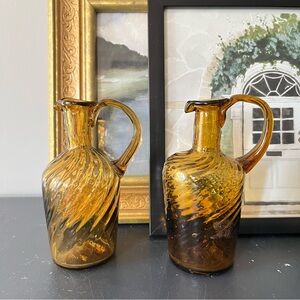 •Vintage amber hand blown glass small cruet duo•
